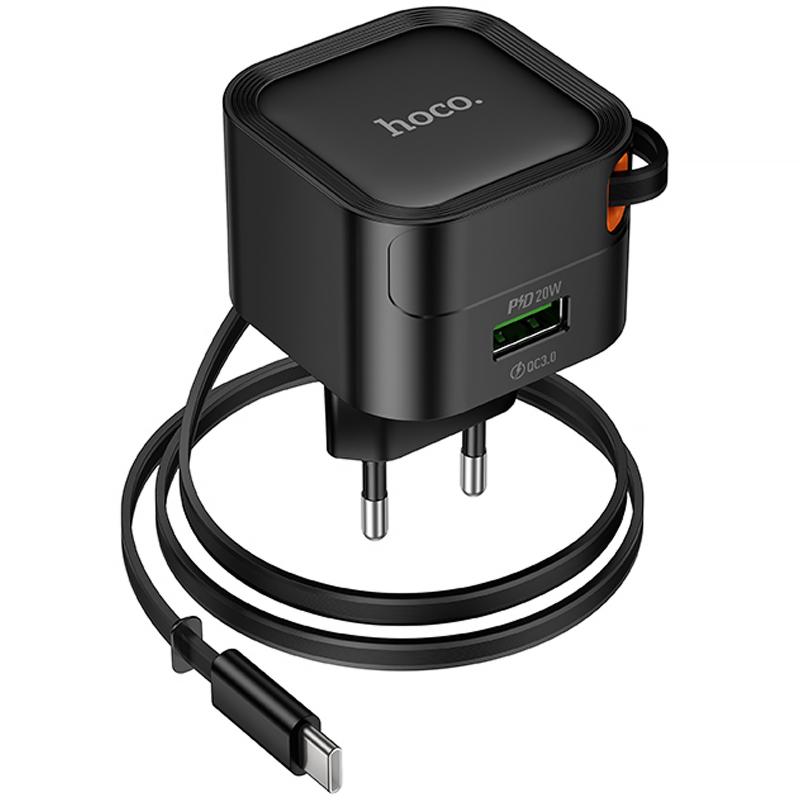 Мережевий зарядний пристрій Hoco C154A Changer PD 20W + QC 3.0 (1×USB-A / 1×USB-C) + Retractable Cable USB-C Black