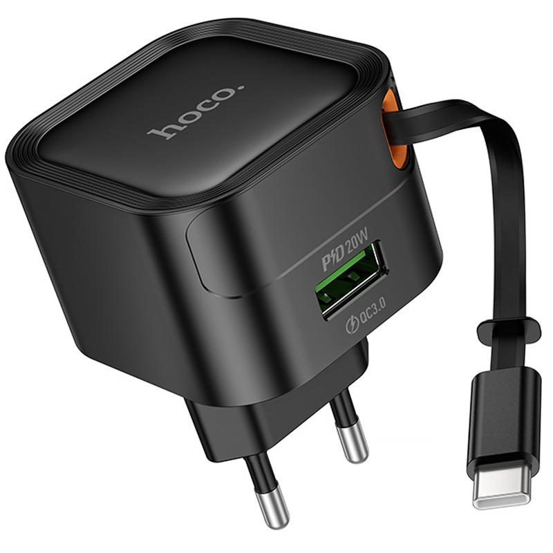 Мережевий зарядний пристрій Hoco C154A Changer PD 20W + QC 3.0 (1×USB-A / 1×USB-C) + Retractable Cable USB-C Black