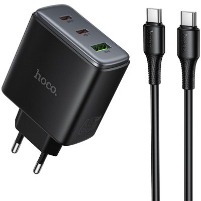 МЗП Hoco C160A Upgrade PD65W+QC3.0 (1USB-A/2C) + кабель Type-C to Type-C Black