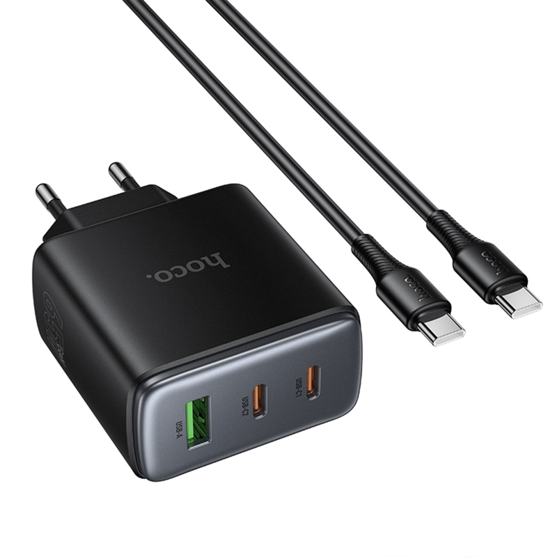 Мережевий зарядний пристрій Hoco C160A Upgrade PD 65W + QC 3.0 (1×USB-A / 2×USB-C) + кабель USB-C → USB-C Black