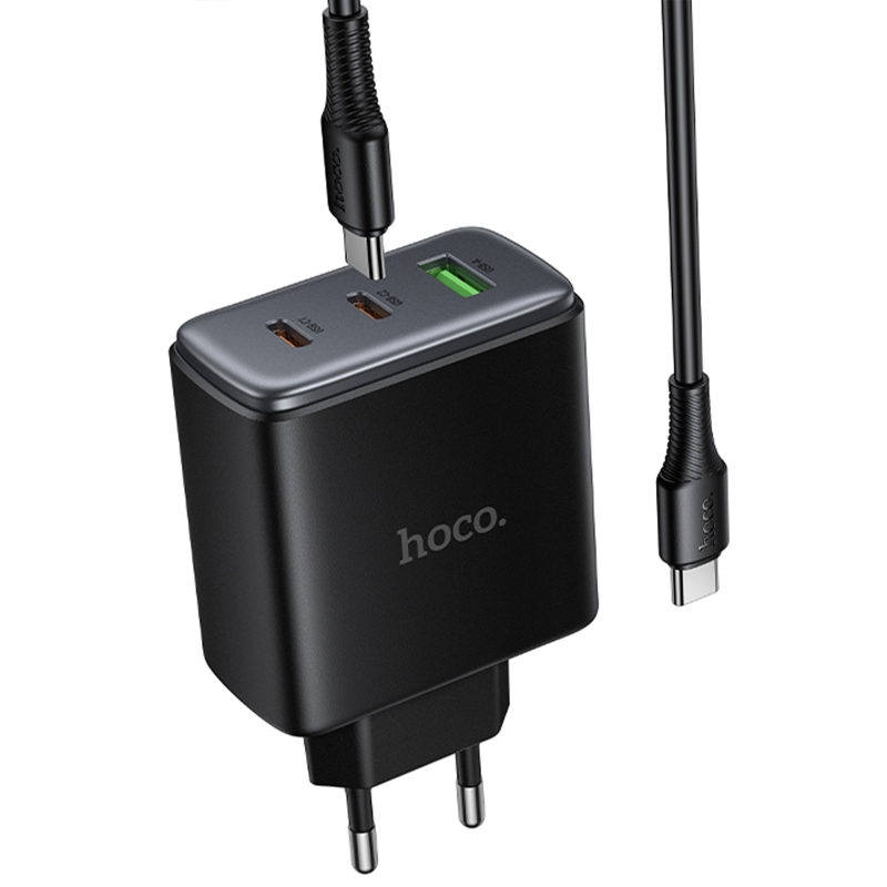 Мережевий зарядний пристрій Hoco C160A Upgrade PD 65W + QC 3.0 (1×USB-A / 2×USB-C) + кабель USB-C → USB-C Black