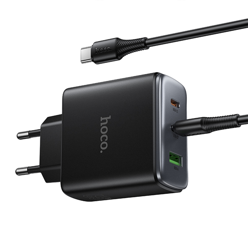 Мережевий зарядний пристрій Hoco C160A Upgrade PD 65W + QC 3.0 (1×USB-A / 2×USB-C) + кабель USB-C → USB-C Black