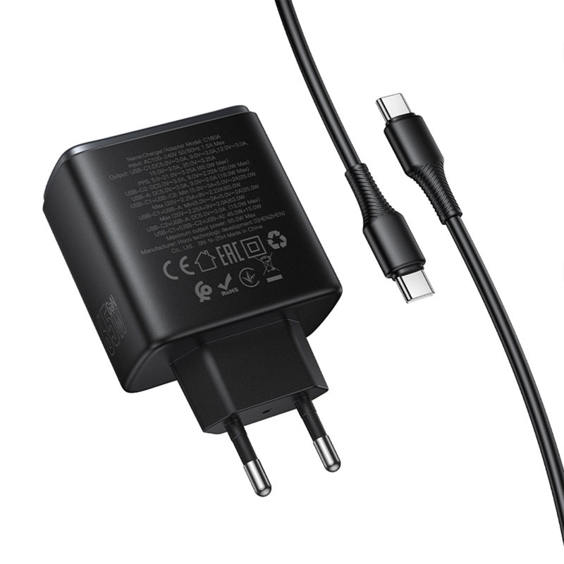 Мережевий зарядний пристрій Hoco C160A Upgrade PD 65W + QC 3.0 (1×USB-A / 2×USB-C) + кабель USB-C → USB-C Black