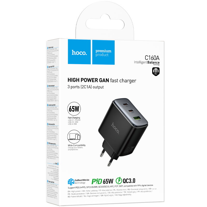 Мережевий зарядний пристрій Hoco C160A Upgrade PD 65W + QC 3.0 (1×USB-A / 2×USB-C) Black