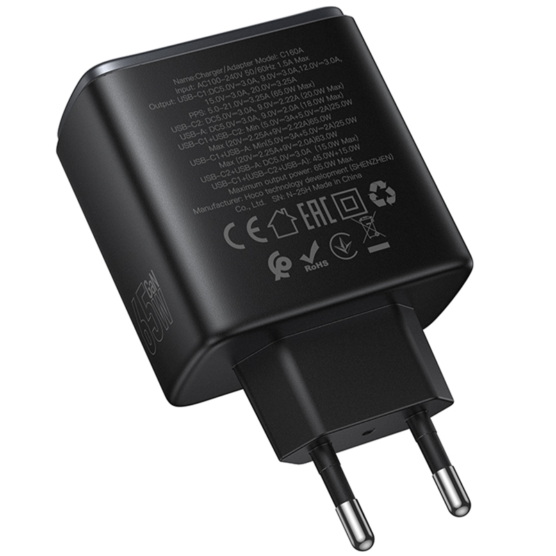 Мережевий зарядний пристрій Hoco C160A Upgrade PD 65W + QC 3.0 (1×USB-A / 2×USB-C) Black