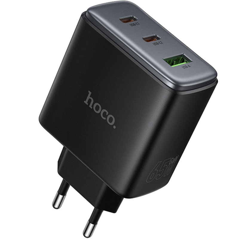 Мережевий зарядний пристрій Hoco C160A Upgrade PD 65W + QC 3.0 (1×USB-A / 2×USB-C) Black
