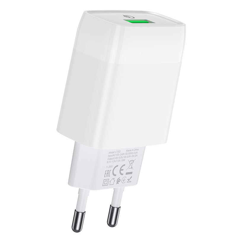 Мережевий зарядний пристрій Hoco C72Q Glorious QC 3.0 18W (1×USB-A) + кабель USB to USB-C Білий