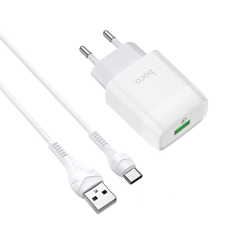 Мережевий зарядний пристрій Hoco C72Q Glorious QC 3.0 18W (1×USB-A) + кабель USB to USB-C Білий