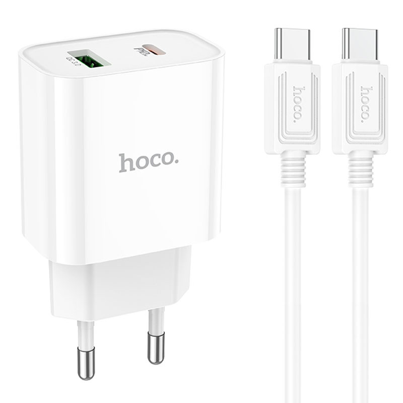 Мережевий зарядний пристрій Hoco C80A Plus Rapido PD 20W + QC 3.0 (1×USB-A / 1×USB-C) + кабель USB-C → USB-C White
