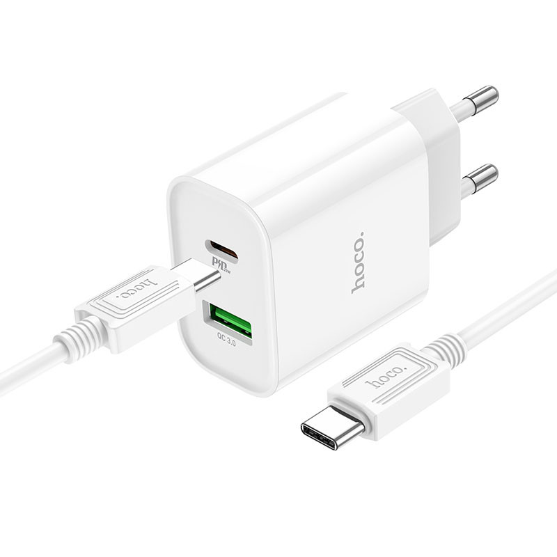 Мережевий зарядний пристрій Hoco C80A Plus Rapido PD 20W + QC 3.0 (1×USB-A / 1×USB-C) + кабель USB-C → USB-C White