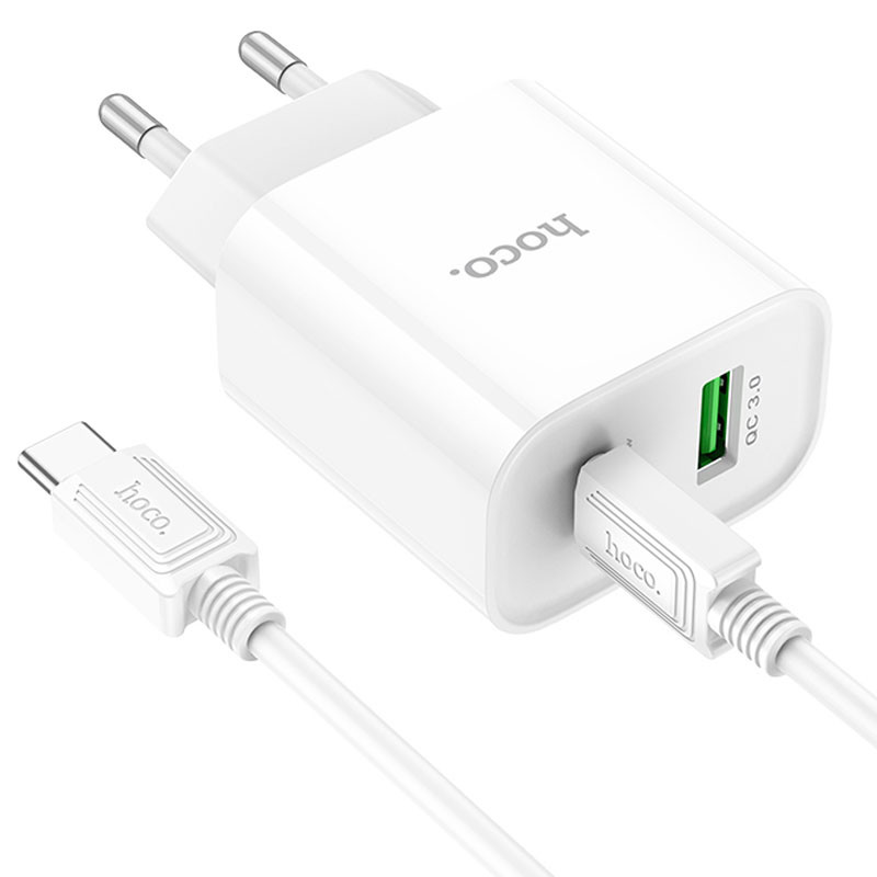 Мережевий зарядний пристрій Hoco C80A Plus Rapido PD 20W + QC 3.0 (1×USB-A / 1×USB-C) + кабель USB-C → USB-C White