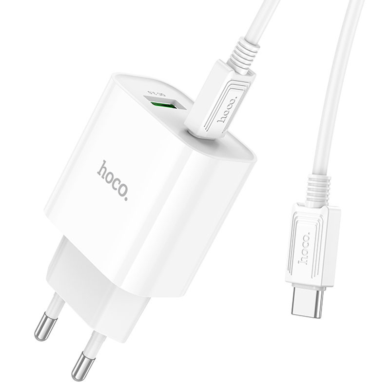 Мережевий зарядний пристрій Hoco C80A Plus Rapido PD 20W + QC 3.0 (1×USB-A / 1×USB-C) + кабель USB-C → USB-C White