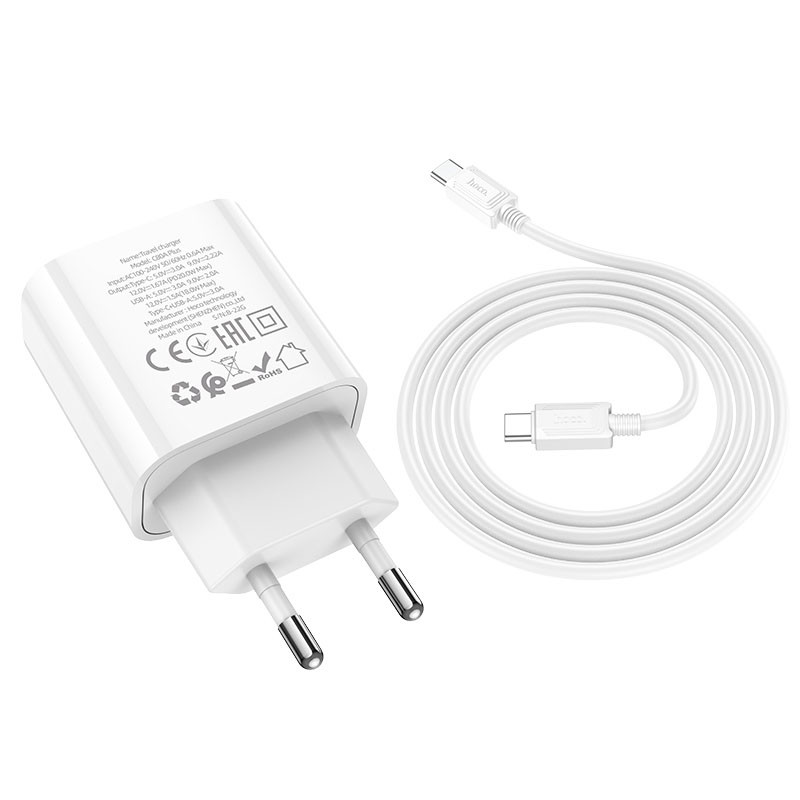 Мережевий зарядний пристрій Hoco C80A Plus Rapido PD 20W + QC 3.0 (1×USB-A / 1×USB-C) + кабель USB-C → USB-C White