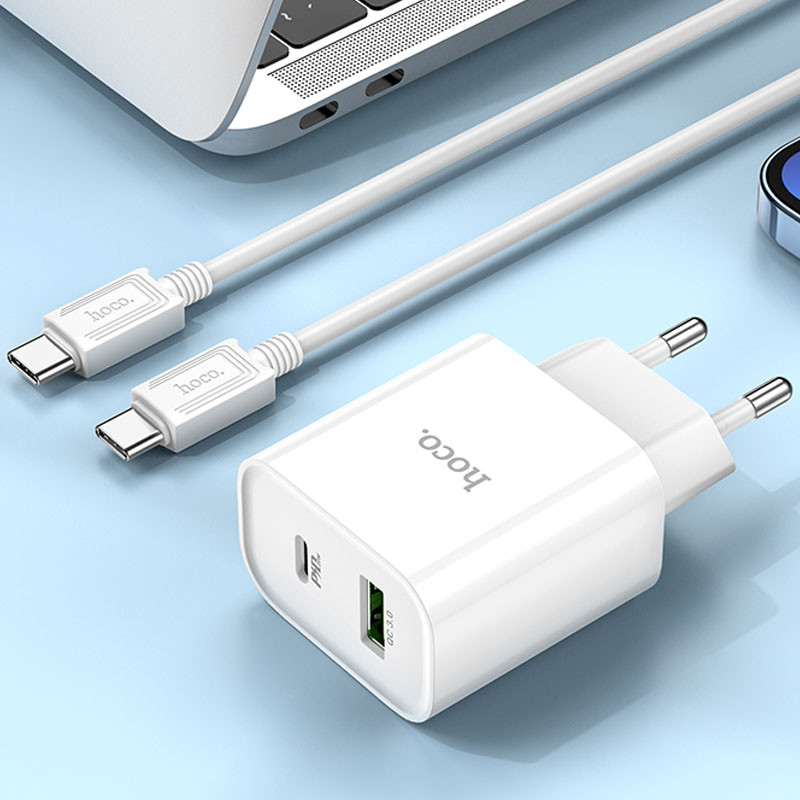 Мережевий зарядний пристрій Hoco C80A Plus Rapido PD 20W + QC 3.0 (1×USB-A / 1×USB-C) + кабель USB-C → USB-C White