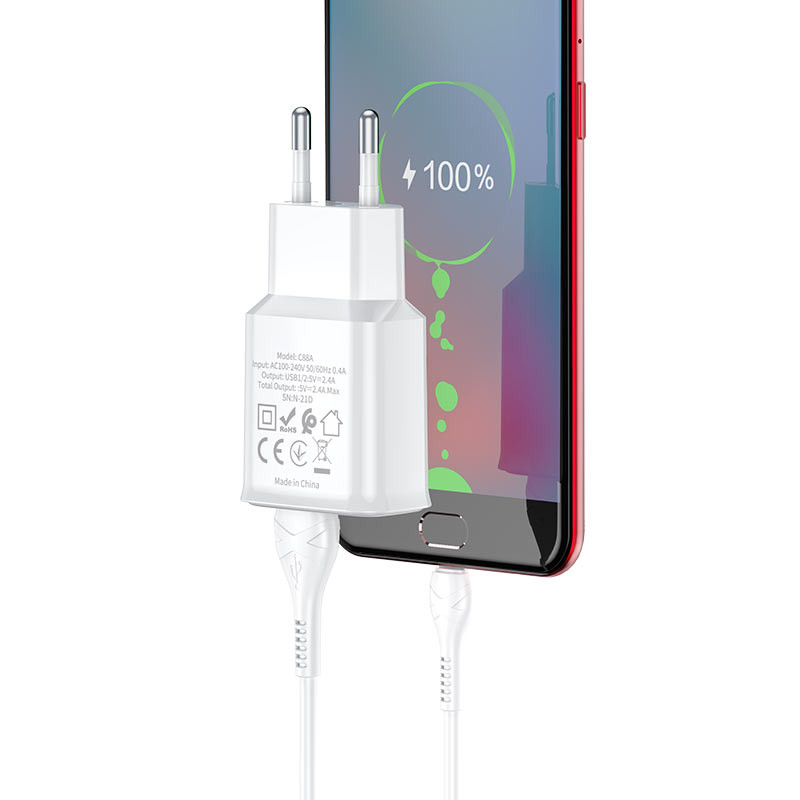 Мережевий зарядний пристрій Hoco C88A Star round 2.4 А (2×USB-A) + кабель USB to USB-C Чорний