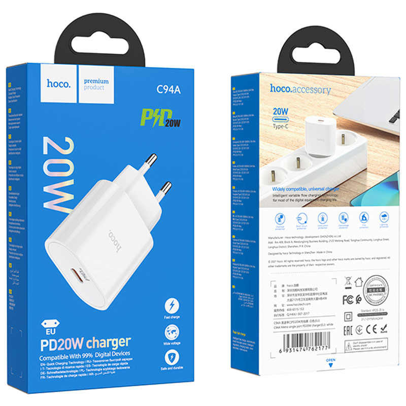 Мережевий зарядний пристрій Hoco C94A Metro PD 20W (1×USB-C) White