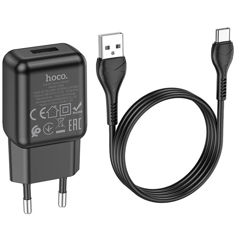 Мережевий зарядний пристрій Hoco C96A 2.1 А (1×USB-A) + кабель USB to USB-C Black