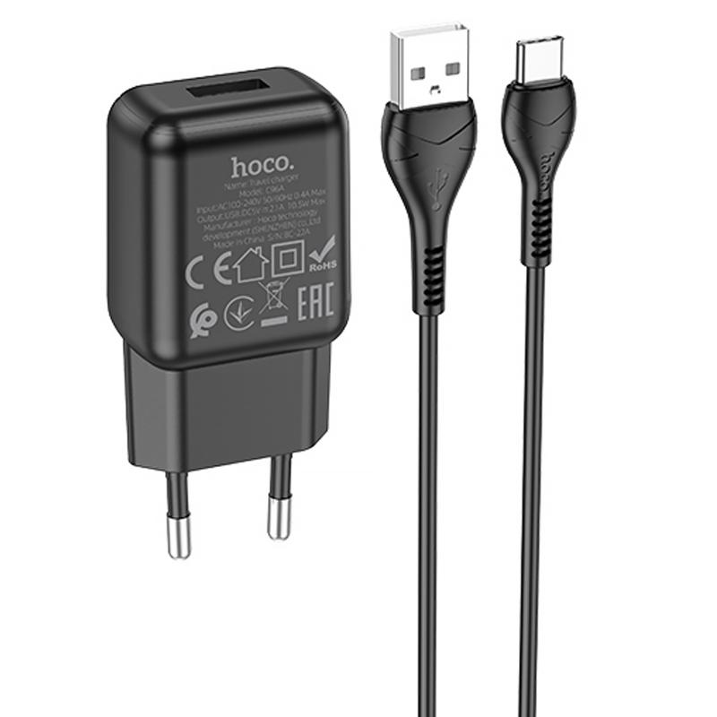 Мережевий зарядний пристрій Hoco C96A 2.1 А (1×USB-A) + кабель USB to USB-C Black