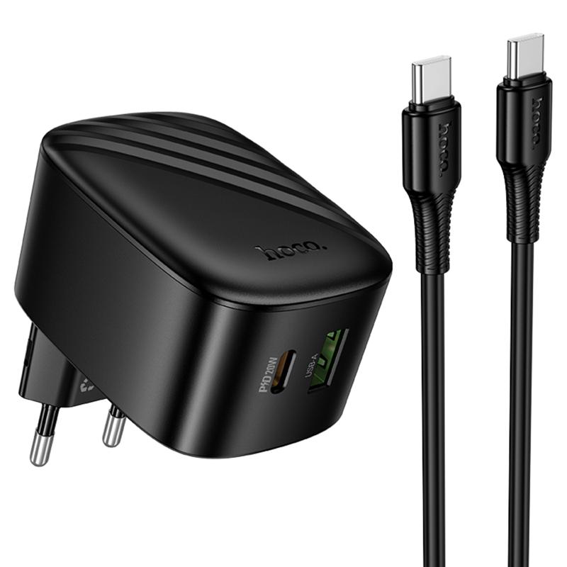 Мережевий зарядний пристрій Hoco CS101A Folding PD 20W + QC 3.0 (1×USB-A / 1×USB-C) + кабель USB-C → USB-C Black