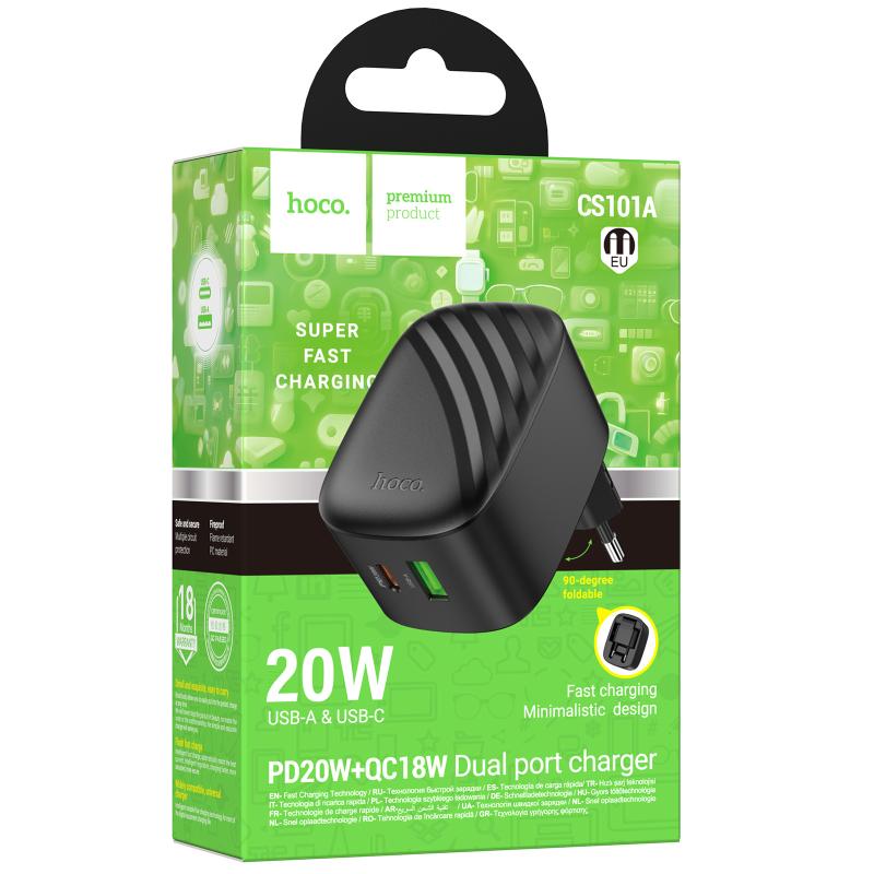 Мережевий зарядний пристрій Hoco CS101A Folding PD 20W + QC 3.0 (1×USB-A / 1×USB-C) Black