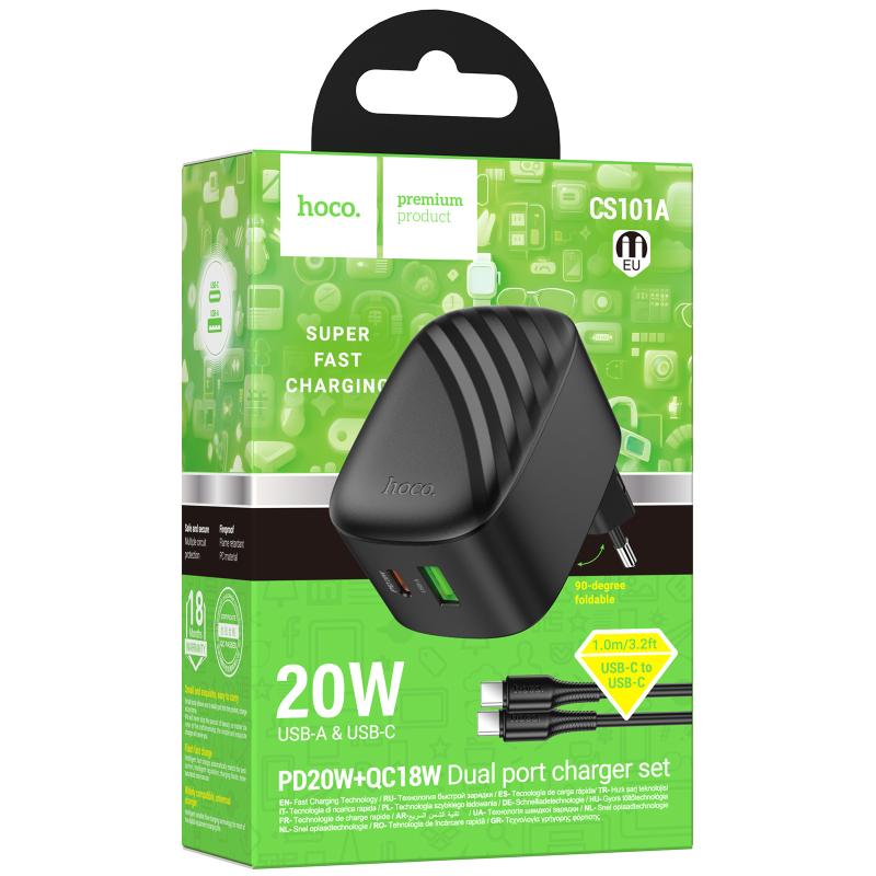 Мережевий зарядний пристрій Hoco CS101A Folding PD 20W + QC 3.0 (1×USB-A / 1×USB-C) + кабель USB-C → USB-C Black