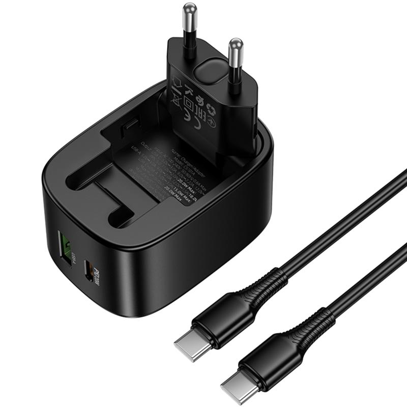 Мережевий зарядний пристрій Hoco CS101A Folding PD 20W + QC 3.0 (1×USB-A / 1×USB-C) + кабель USB-C → USB-C Black