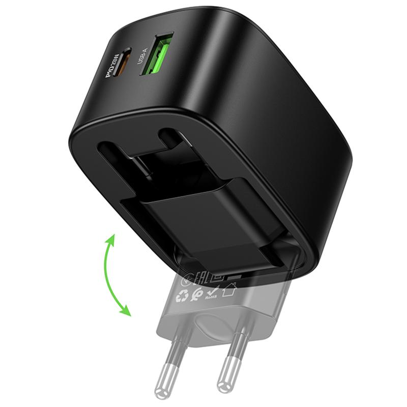 Мережевий зарядний пристрій Hoco CS101A Folding PD 20W + QC 3.0 (1×USB-A / 1×USB-C) Black
