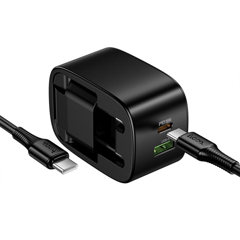 Мережевий зарядний пристрій Hoco CS101A Folding PD 20W + QC 3.0 (1×USB-A / 1×USB-C) + кабель USB-C → USB-C Black