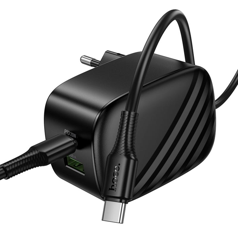 Мережевий зарядний пристрій Hoco CS101A Folding PD 20W + QC 3.0 (1×USB-A / 1×USB-C) + кабель USB-C → USB-C Black