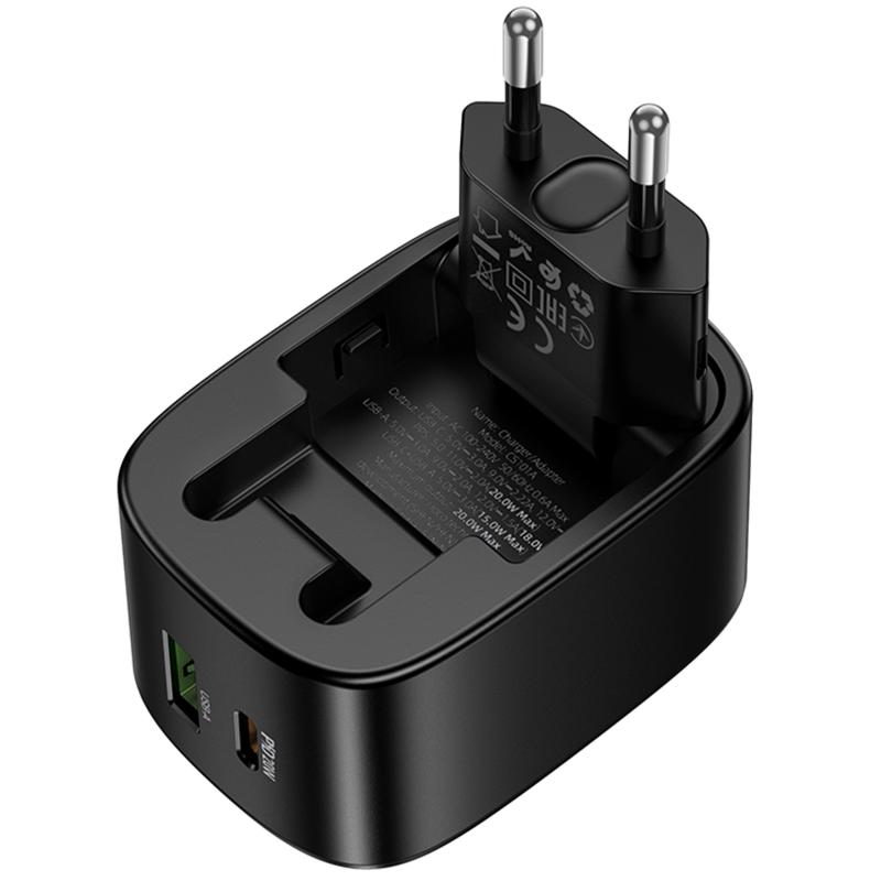 Мережевий зарядний пристрій Hoco CS101A Folding PD 20W + QC 3.0 (1×USB-A / 1×USB-C) Black