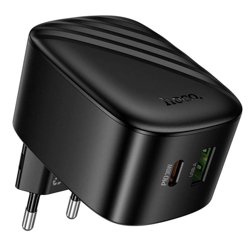Мережевий зарядний пристрій Hoco CS102A Folding PD 30W + QC 3.0 (1×USB-A / 1×USB-C) Black