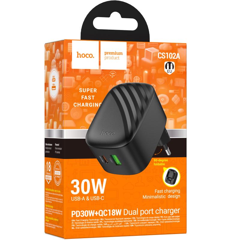 Мережевий зарядний пристрій Hoco CS102A Folding PD 30W + QC 3.0 (1×USB-A / 1×USB-C) Black