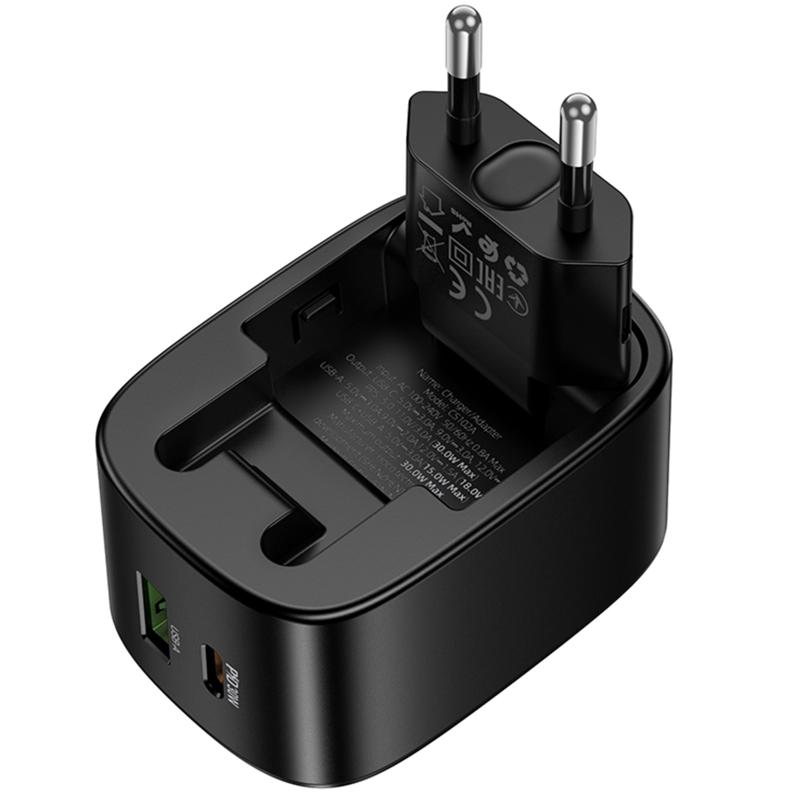 Мережевий зарядний пристрій Hoco CS102A Folding PD 30W + QC 3.0 (1×USB-A / 1×USB-C) Black