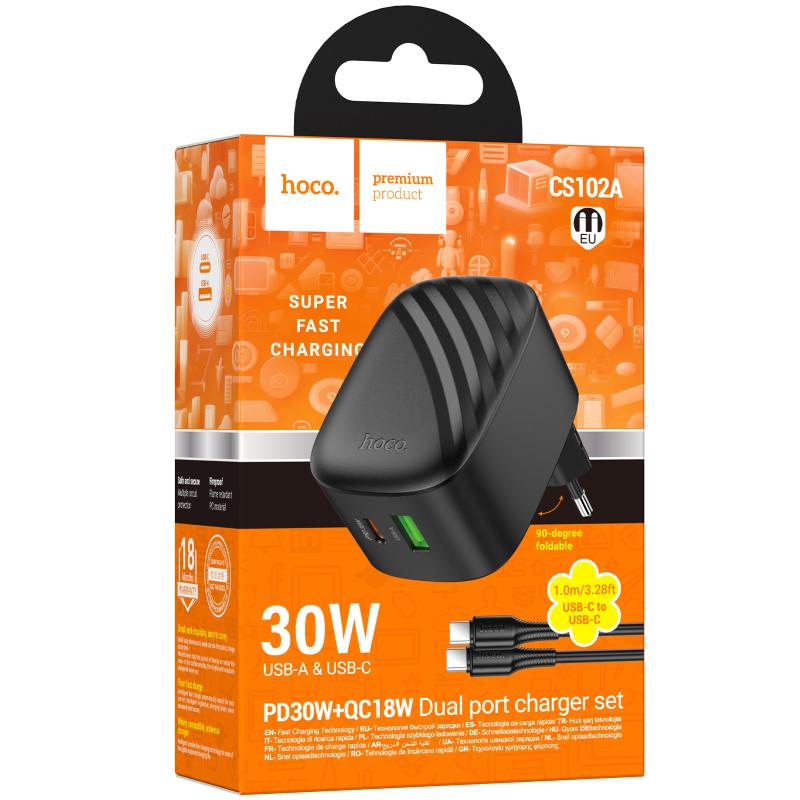 Мережевий зарядний пристрій Hoco CS102A Folding PD 30W + QC 3.0 (1×USB-A / 1×USB-C) + кабель USB-C → USB-C Black