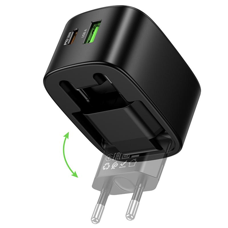 Мережевий зарядний пристрій Hoco CS102A Folding PD 30W + QC 3.0 (1×USB-A / 1×USB-C) Black