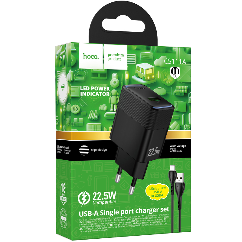 Мережевий зарядний пристрій Hoco CS111A Lounge QC 3.0 22.5W (1×USB-A) + кабель USB to USB-C