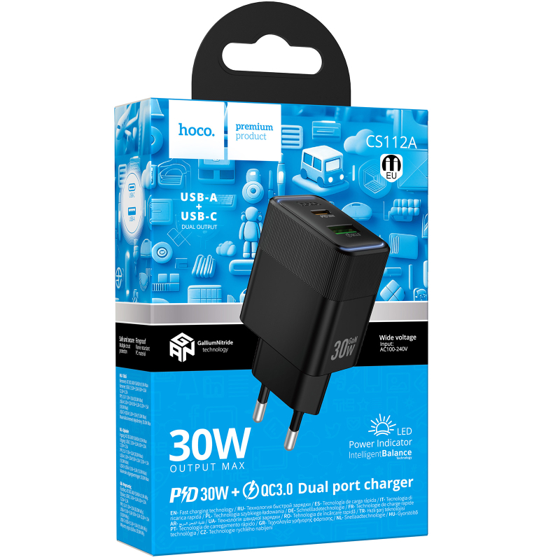 Мережевий зарядний пристрій Hoco CS112A Lounge PD 30W + QC 3.0 (1×USB-A / 1×USB-C) Black