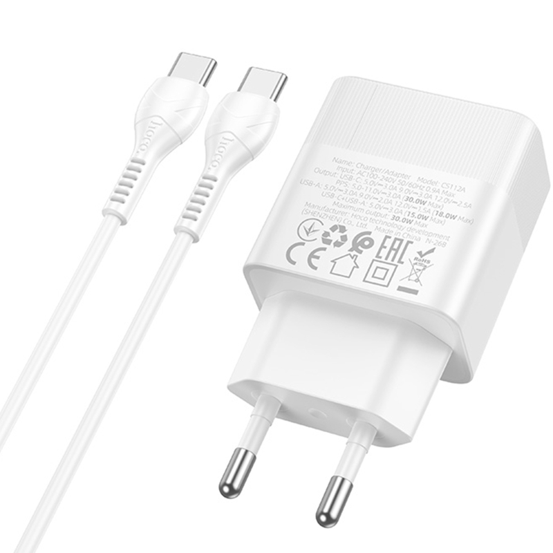 Мережевий зарядний пристрій Hoco CS112A Lounge PD 30W + QC 3.0 (1×USB-A / 1×USB-C) + кабель USB-C → USB-C