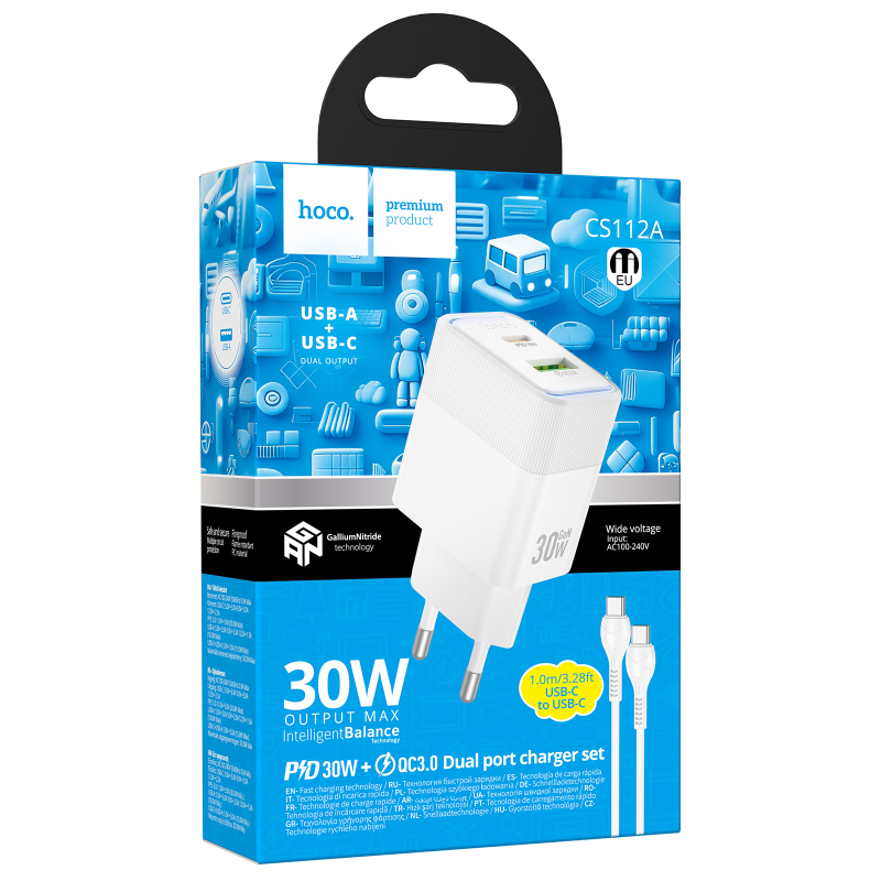 Мережевий зарядний пристрій Hoco CS112A Lounge PD 30W + QC 3.0 (1×USB-A / 1×USB-C) + кабель USB-C → USB-C
