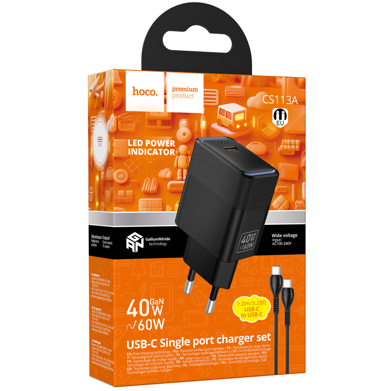 Мережевий зарядний пристрій Hoco CS113A Lounge PD 40W (1×USB-C) + кабель USB-C → USB-C