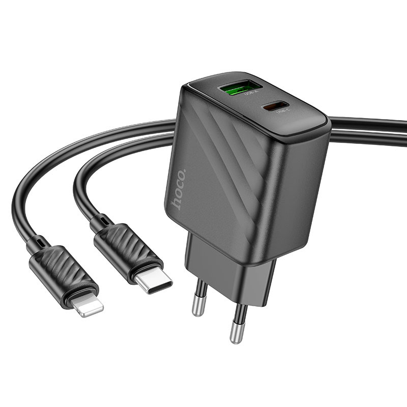 Мережевий зарядний пристрій Hoco CS23A Sunlight PD 30W + QC 3.0 (1×USB-A / 1×USB-C) + кабель USB-C → Lightning Black