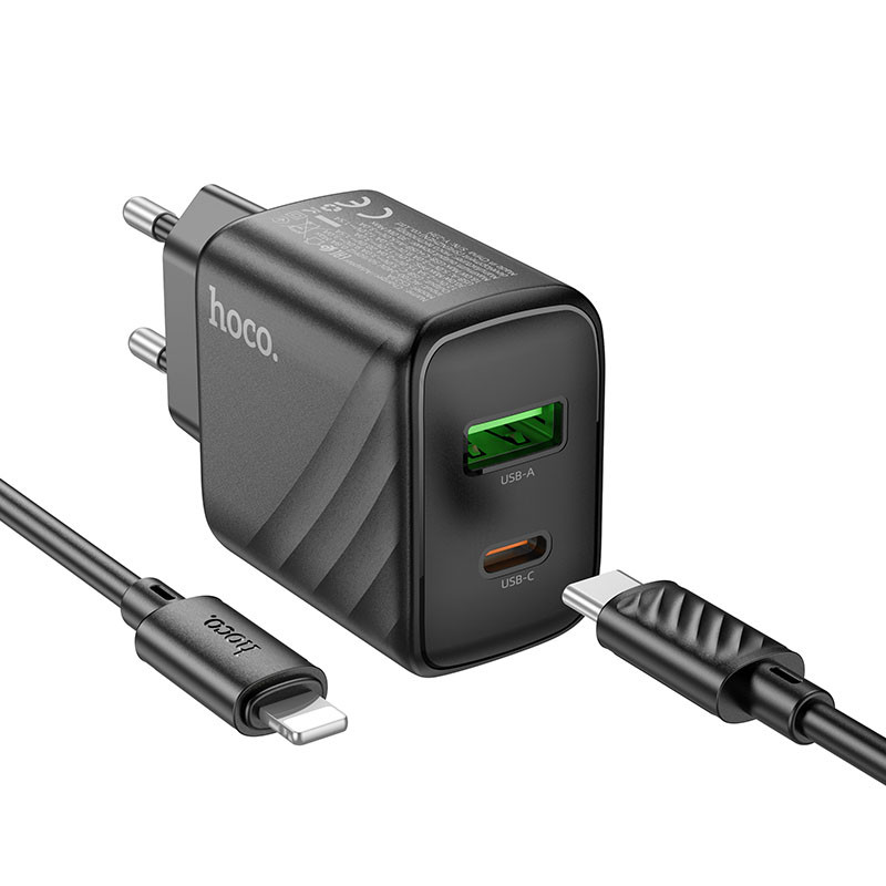 Мережевий зарядний пристрій Hoco CS23A Sunlight PD 30W + QC 3.0 (1×USB-A / 1×USB-C) + кабель USB-C → Lightning Black
