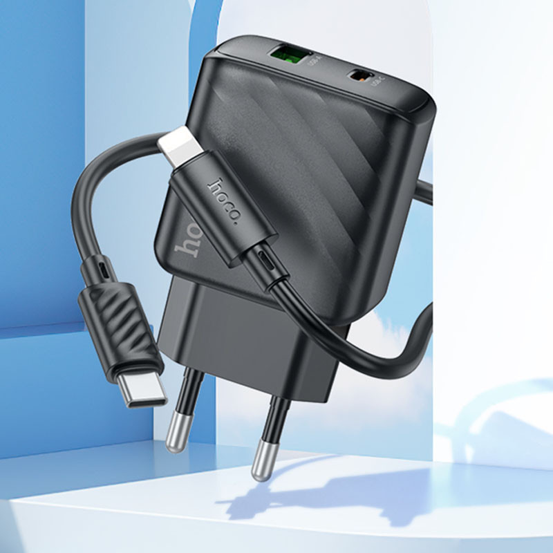 Мережевий зарядний пристрій Hoco CS23A Sunlight PD 30W + QC 3.0 (1×USB-A / 1×USB-C) + кабель USB-C → Lightning Black