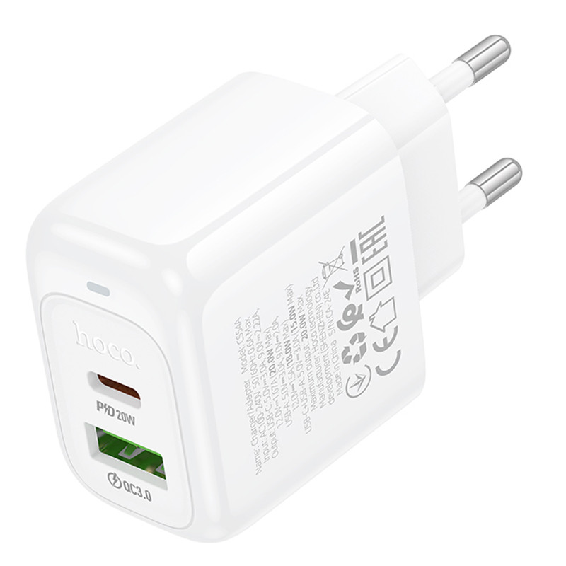 Мережевий зарядний пристрій Hoco CS54A Surplus PD 20W + QC 3.0 (1×USB-A / 1×USB-C) White