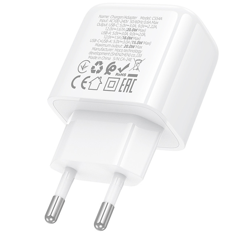 Мережевий зарядний пристрій Hoco CS54A Surplus PD 20W + QC 3.0 (1×USB-A / 1×USB-C) White