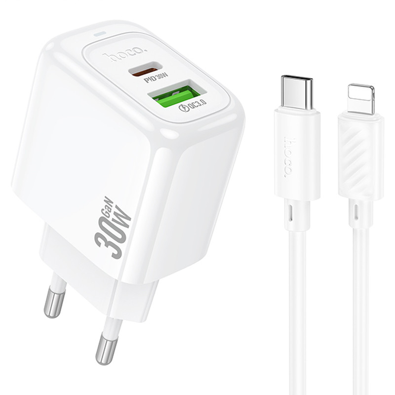 Мережевий зарядний пристрій Hoco CS55A Surplus PD 30W + QC 3.0 (1×USB-A / 1×USB-C) + кабель USB-C → Lightning White
