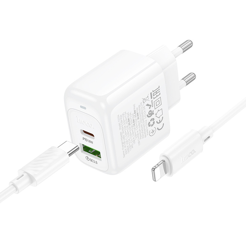 Мережевий зарядний пристрій Hoco CS55A Surplus PD 30W + QC 3.0 (1×USB-A / 1×USB-C) + кабель USB-C → Lightning White