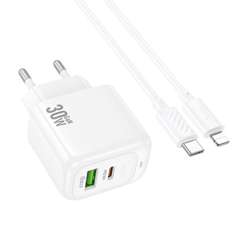 Мережевий зарядний пристрій Hoco CS55A Surplus PD 30W + QC 3.0 (1×USB-A / 1×USB-C) + кабель USB-C → Lightning White