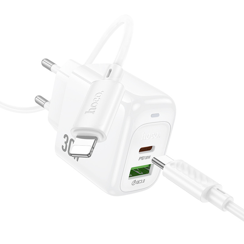 Мережевий зарядний пристрій Hoco CS55A Surplus PD 30W + QC 3.0 (1×USB-A / 1×USB-C) + кабель USB-C → Lightning White