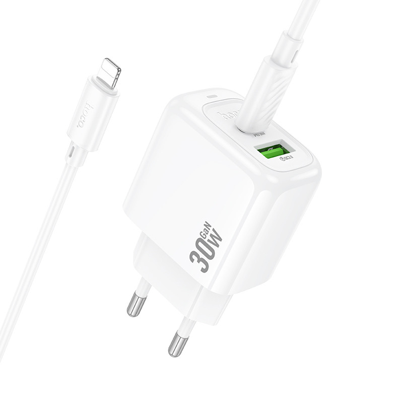 Мережевий зарядний пристрій Hoco CS55A Surplus PD 30W + QC 3.0 (1×USB-A / 1×USB-C) + кабель USB-C → Lightning White